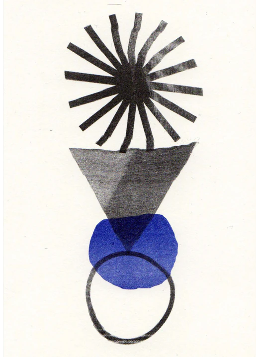 Abstract composition with a black radial form, blue circles and grey shapes