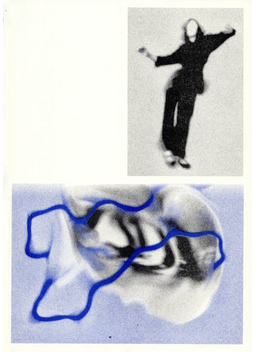 Layered collage of a figure and flowing blue-outlined forms