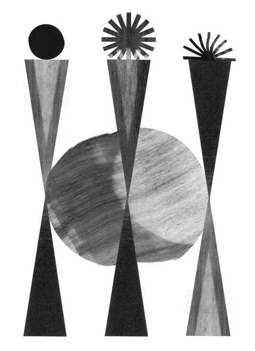 Geometric black and grey figures with circular and floral heads