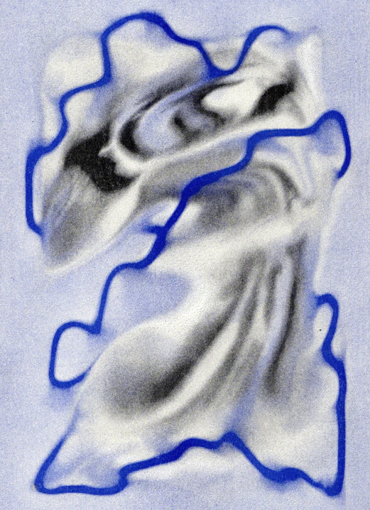Layered grey forms traced with bright blue lines