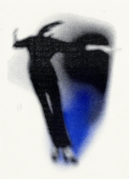 Dark figure bending forward with a blue shadow