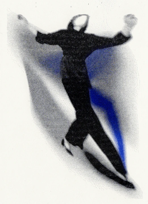 Dark figure in motion with an elongated blue shadow