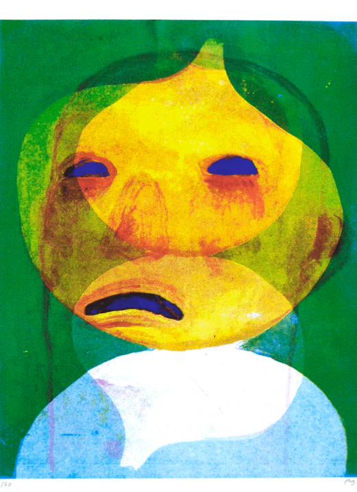 Colourful layered face in green, yellow and blue