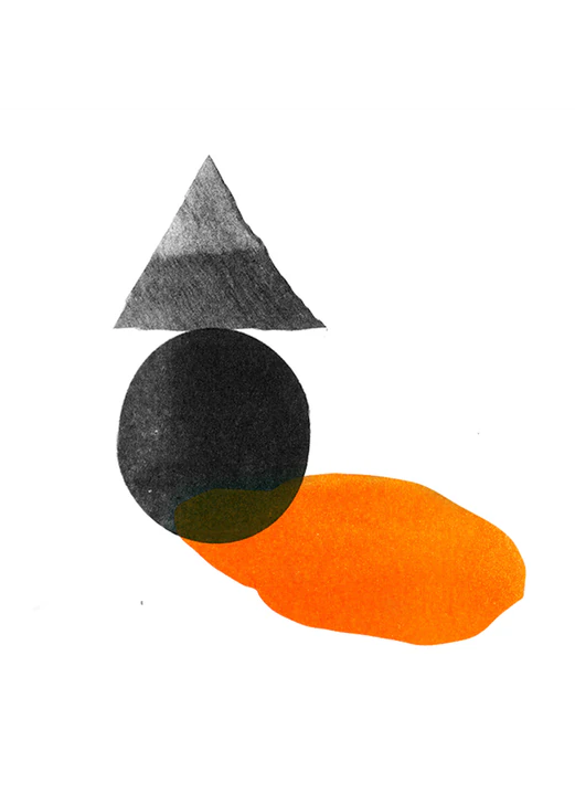 Minimal composition of a triangle, black circle and orange shape